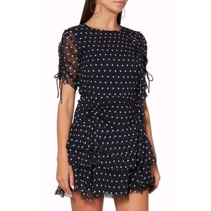 New SIR THE LABEL Silk Sheer Sleeve Mini Navy Blue Dress White Polka Dots 1 Sm